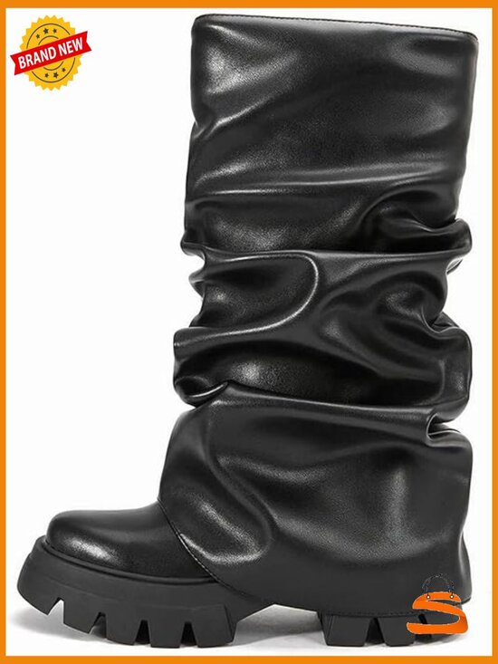 Shoes - Women's Fold Over Slouchy Ruched Block Heel Boots Size 9
